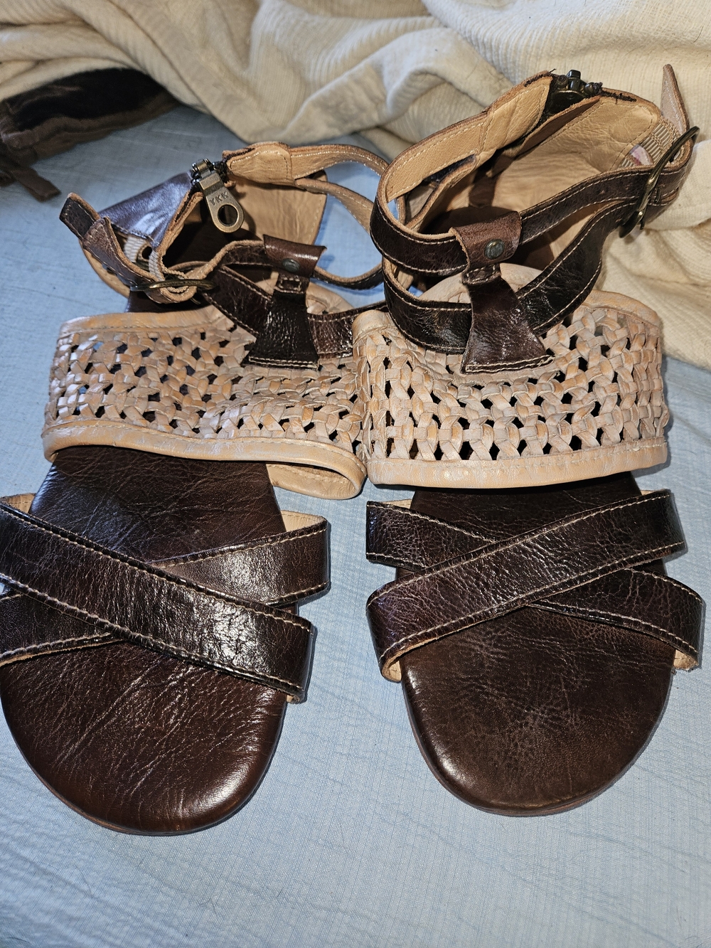 BED|STU Dark Brown and Tan Woven Ankle-Strap Leather Sandals